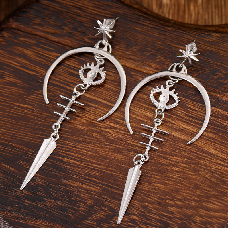Wholesale Gothic Demon Eye Punk Accessories Antique Silver Moon Metal Long Earrings